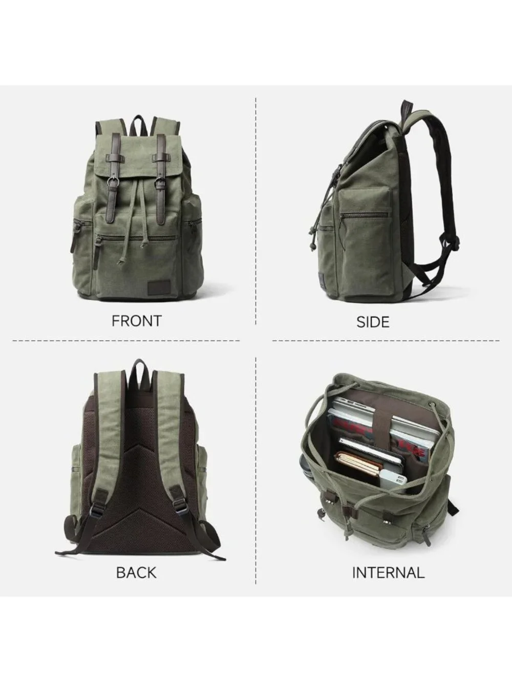 Vintage Olive Green Canvas Backpack for Men - Retro Rucksack for 15.6” Laptop